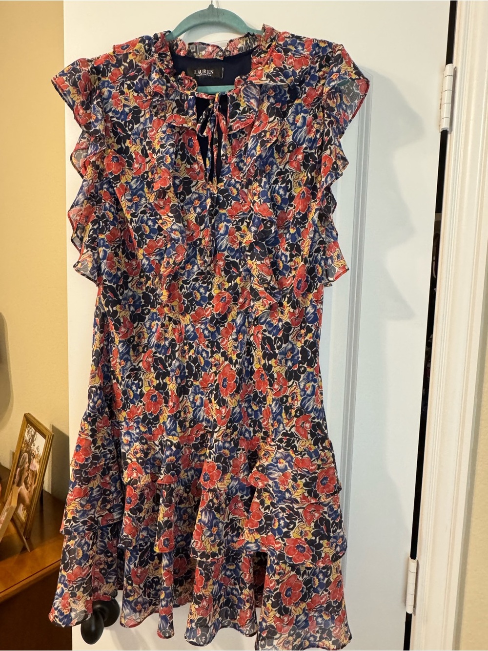 Lauren Ralph Lauren Navy Floral Ruffle Cap-Sleeve Dress